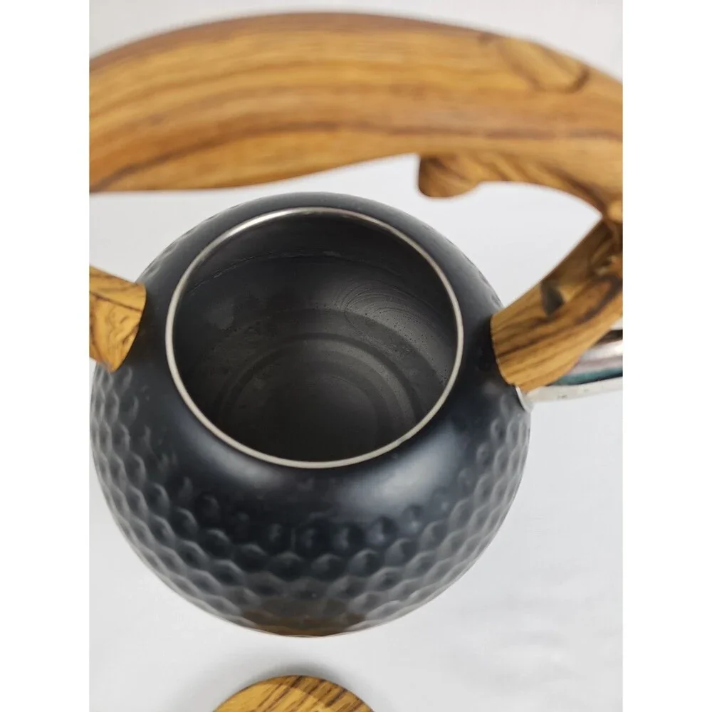 Black Whistling Tea Kettle Wood Grain Handle Honeycomb Stovetop Teapot